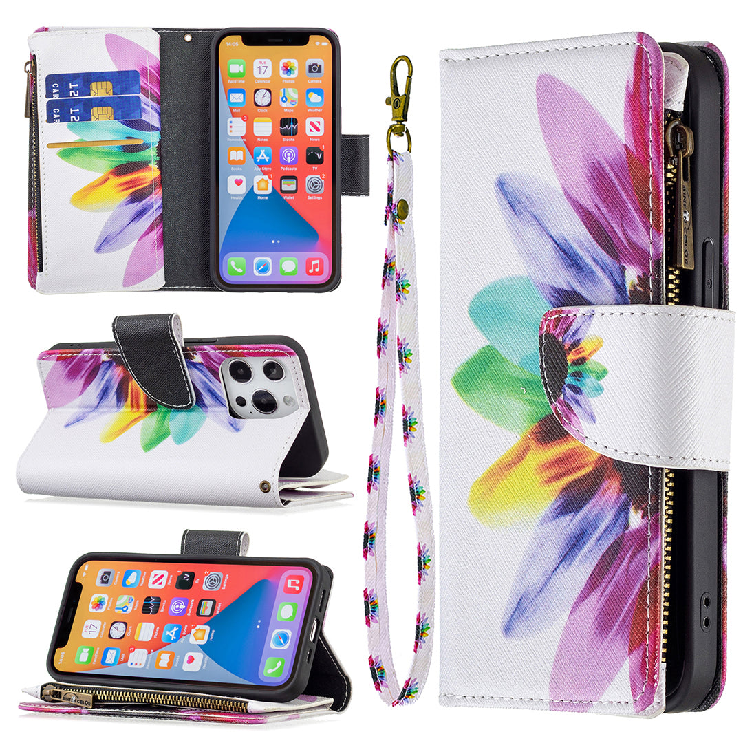 BF03 Pattern Printing Leather Stand Full Coverage Phone Cover with Wrist Strap and Zippered Wallet for iPhone 13 Pro 6.1 inch