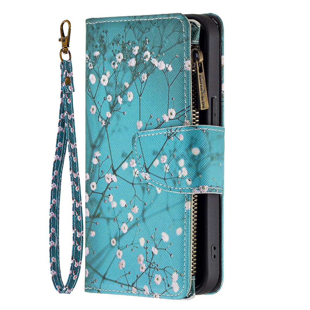 BF03 Pattern Printing Leather Stand Full Coverage Phone Cover with Wrist Strap and Zippered Wallet for iPhone 13 Pro 6.1 inch