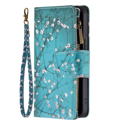 BF03 Pattern Printing Leather Stand Full Coverage Phone Cover with Wrist Strap and Zippered Wallet for iPhone 13 Pro 6.1 inch