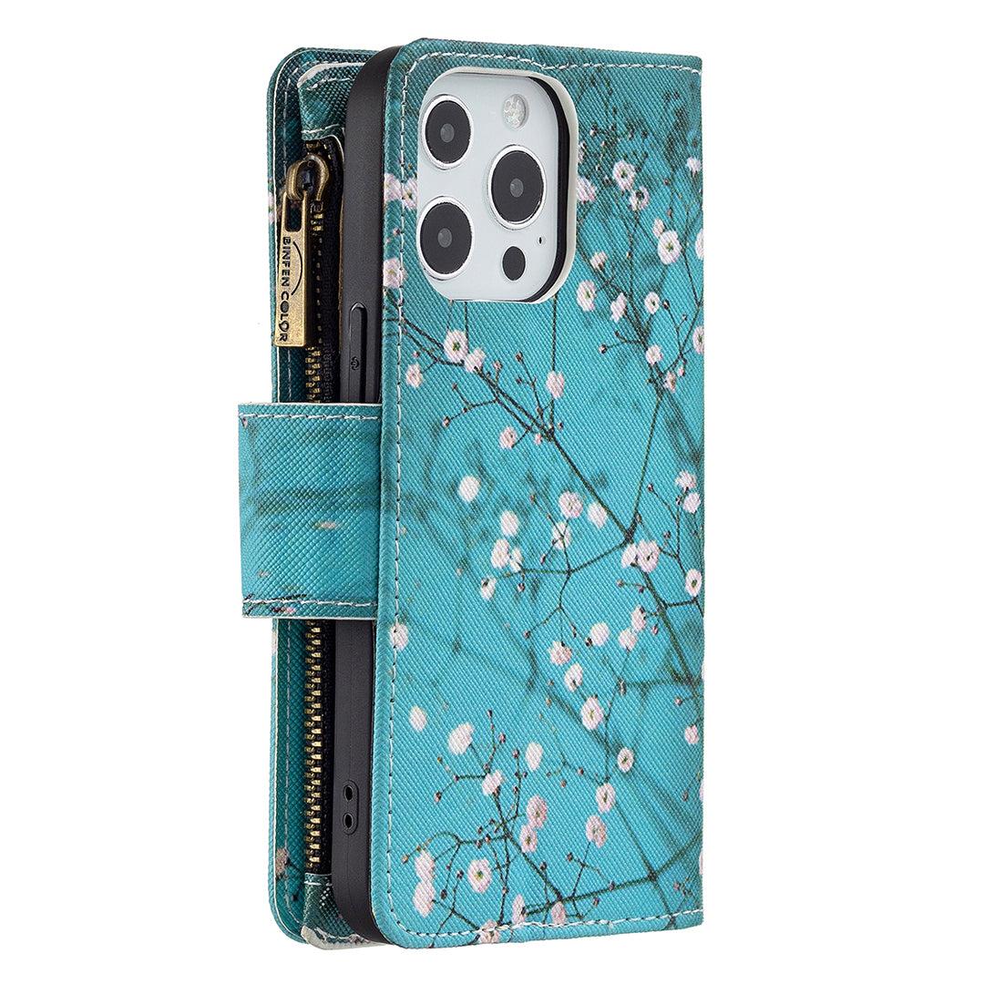 BF03 Pattern Printing Leather Stand Full Coverage Phone Cover with Wrist Strap and Zippered Wallet for iPhone 13 Pro 6.1 inch