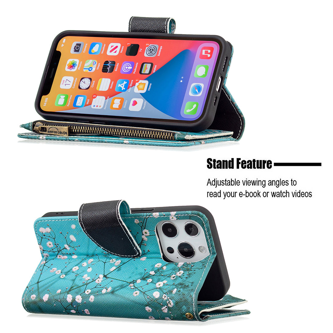 BF03 Pattern Printing Leather Stand Full Coverage Phone Cover with Wrist Strap and Zippered Wallet for iPhone 13 Pro 6.1 inch