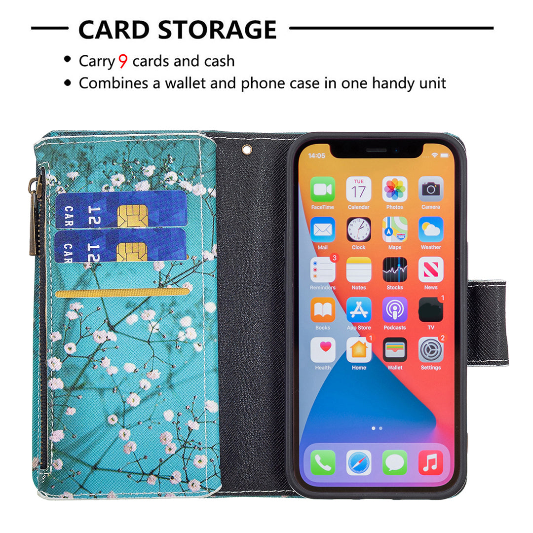 BF03 Pattern Printing Leather Stand Full Coverage Phone Cover with Wrist Strap and Zippered Wallet for iPhone 13 Pro 6.1 inch