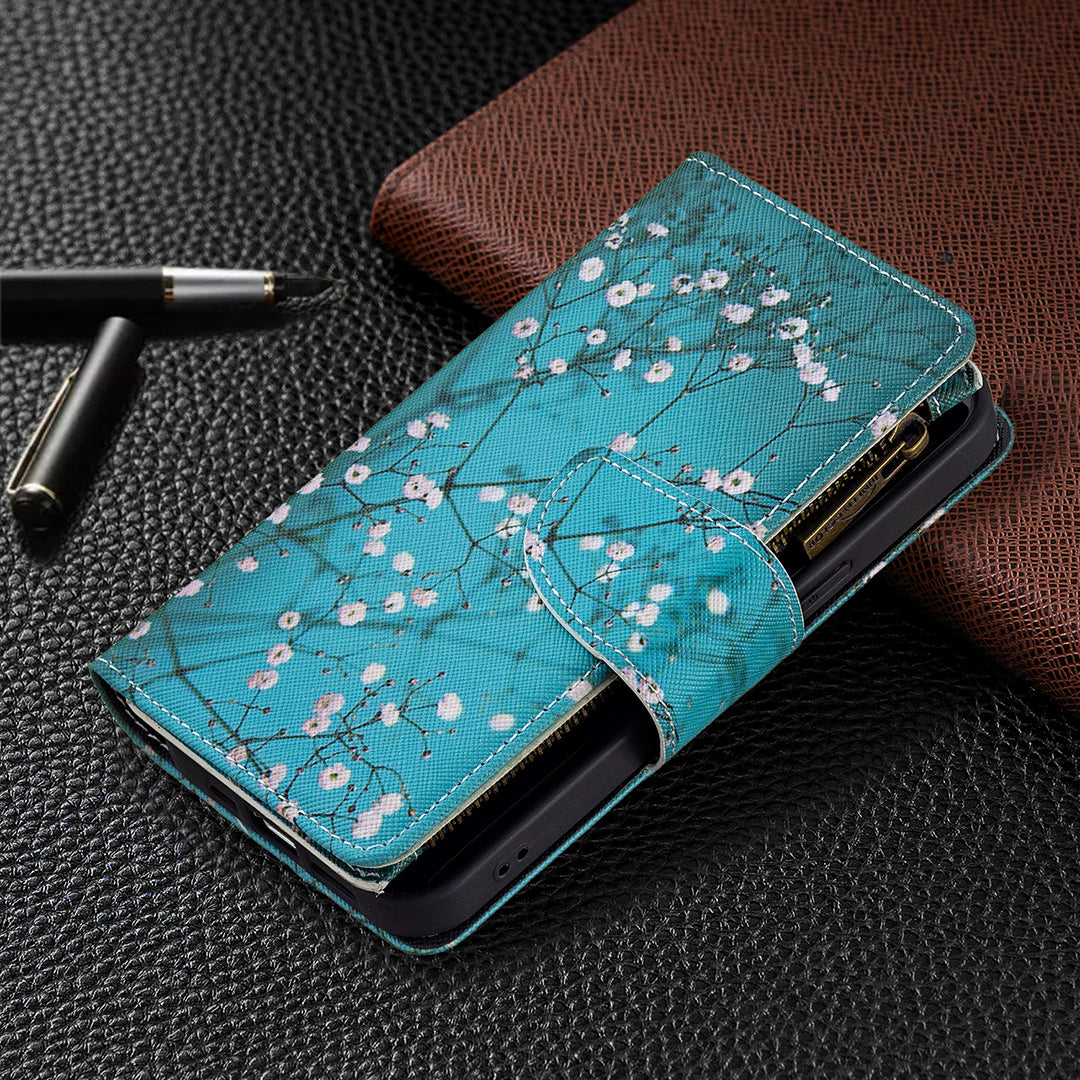 BF03 Pattern Printing Leather Stand Full Coverage Phone Cover with Wrist Strap and Zippered Wallet for iPhone 13 Pro 6.1 inch