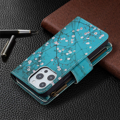 BF03 Pattern Printing Leather Stand Full Coverage Phone Cover with Wrist Strap and Zippered Wallet for iPhone 13 Pro 6.1 inch