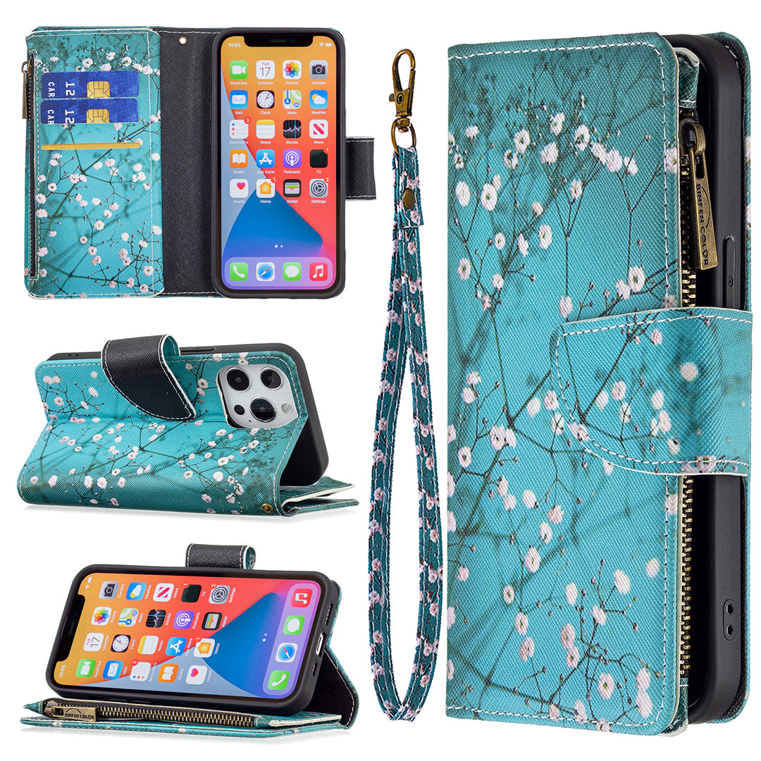 BF03 Pattern Printing Leather Stand Full Coverage Phone Cover with Wrist Strap and Zippered Wallet for iPhone 13 Pro 6.1 inch