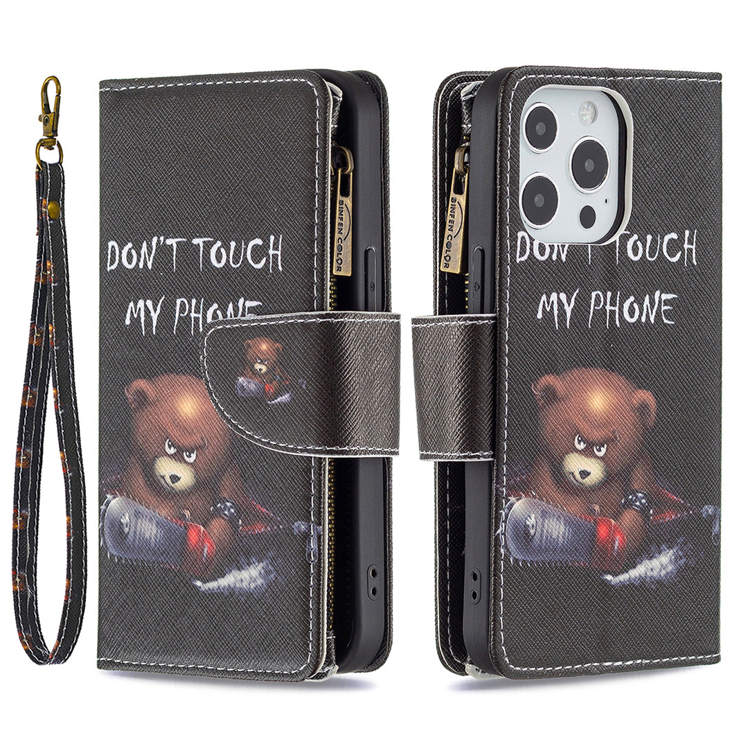 BF03 Pattern Printing Leather Stand Full Coverage Phone Cover with Wrist Strap and Zippered Wallet for iPhone 13 Pro 6.1 inch