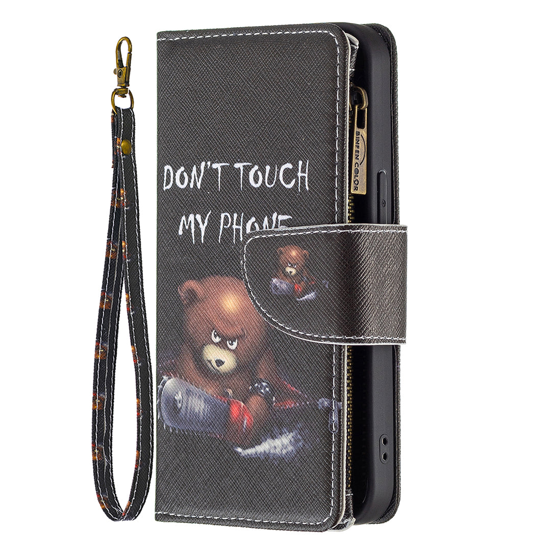BF03 Pattern Printing Leather Stand Full Coverage Phone Cover with Wrist Strap and Zippered Wallet for iPhone 13 Pro 6.1 inch