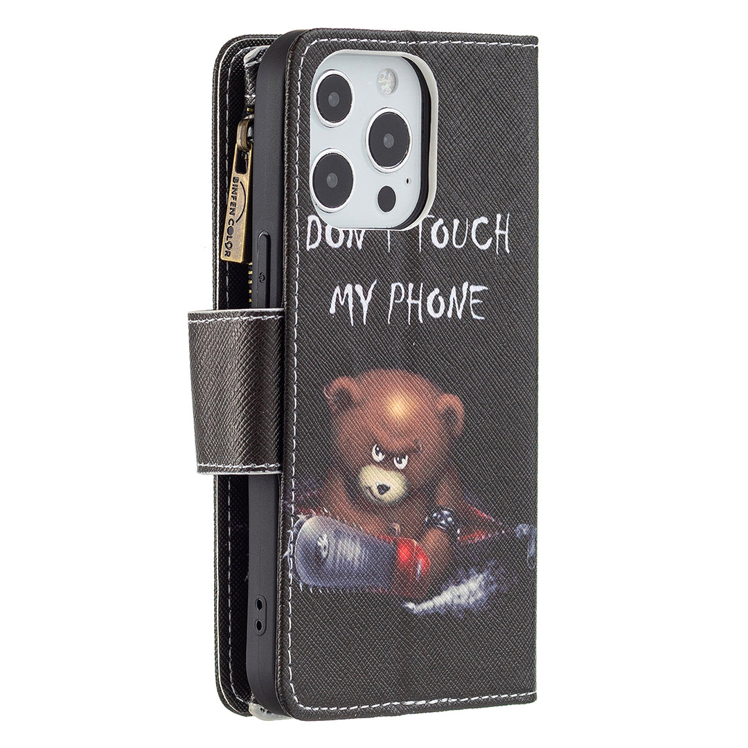 BF03 Pattern Printing Leather Stand Full Coverage Phone Cover with Wrist Strap and Zippered Wallet for iPhone 13 Pro 6.1 inch