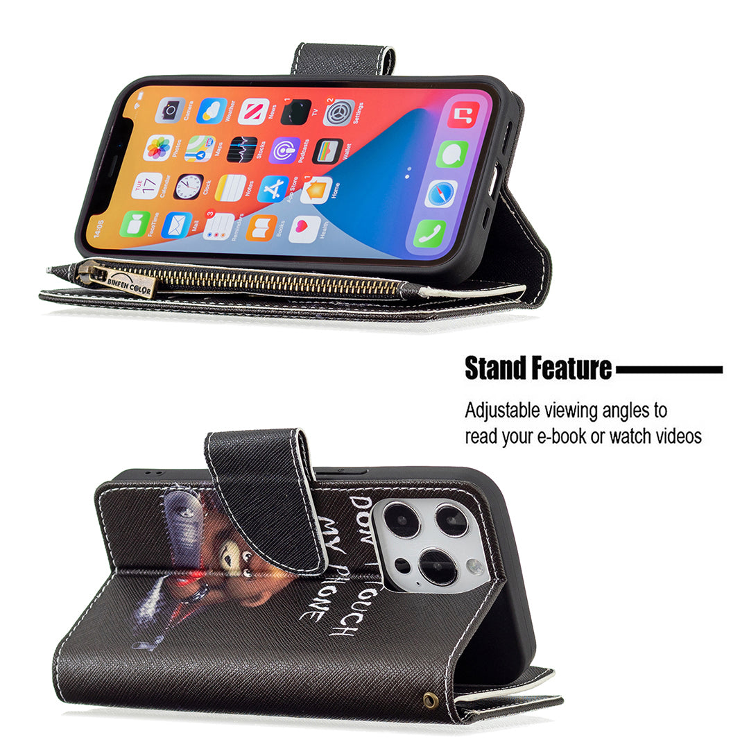 BF03 Pattern Printing Leather Stand Full Coverage Phone Cover with Wrist Strap and Zippered Wallet for iPhone 13 Pro 6.1 inch