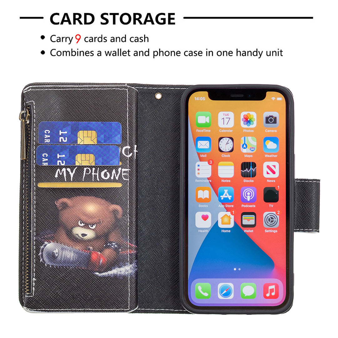 BF03 Pattern Printing Leather Stand Full Coverage Phone Cover with Wrist Strap and Zippered Wallet for iPhone 13 Pro 6.1 inch