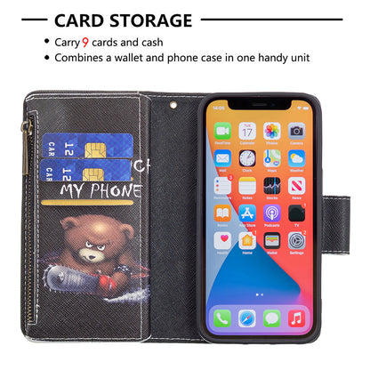 BF03 Pattern Printing Leather Stand Full Coverage Phone Cover with Wrist Strap and Zippered Wallet for iPhone 13 Pro 6.1 inch