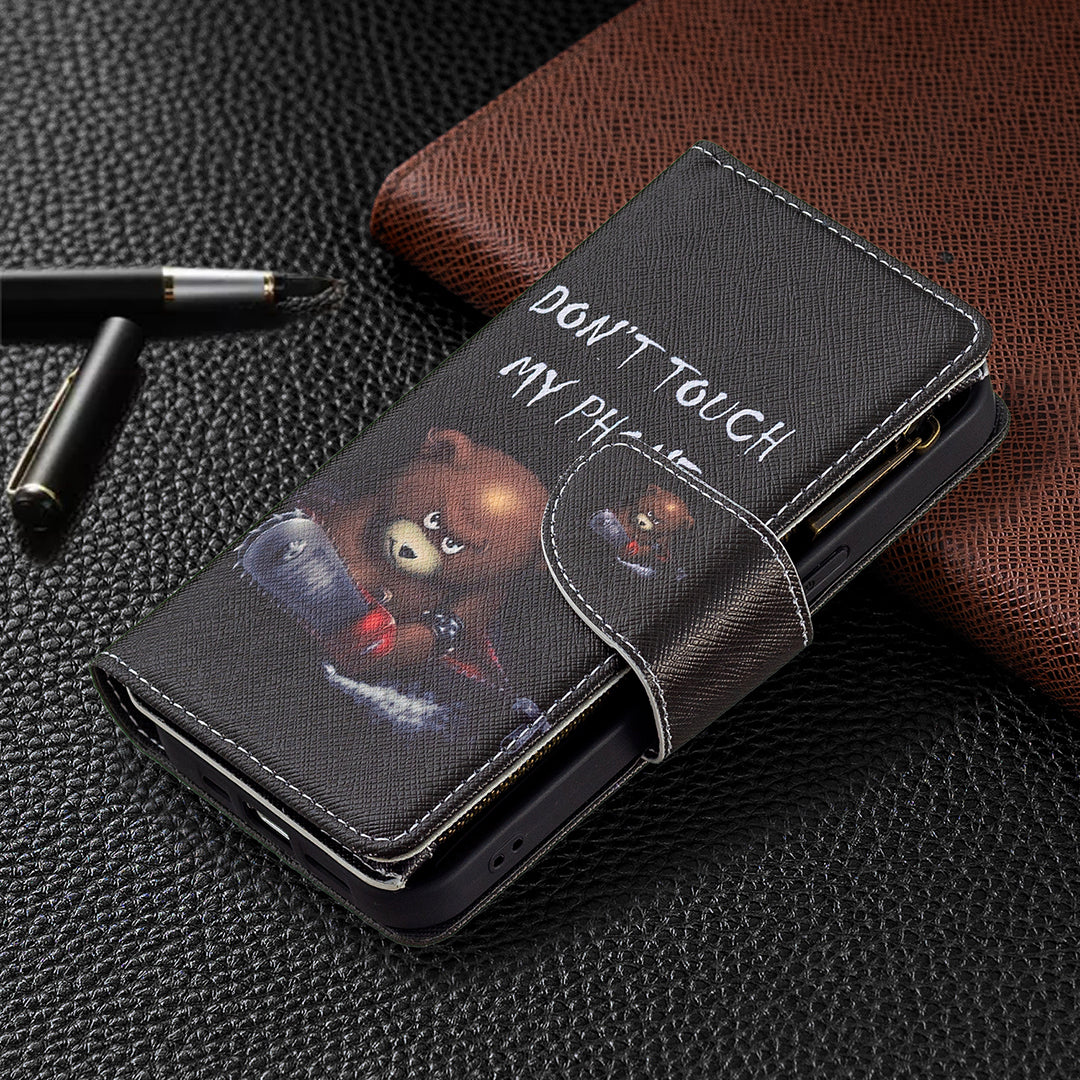 BF03 Pattern Printing Leather Stand Full Coverage Phone Cover with Wrist Strap and Zippered Wallet for iPhone 13 Pro 6.1 inch