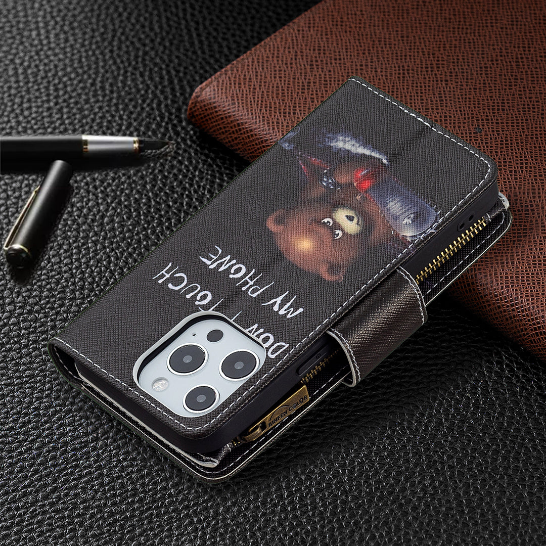 BF03 Pattern Printing Leather Stand Full Coverage Phone Cover with Wrist Strap and Zippered Wallet for iPhone 13 Pro 6.1 inch