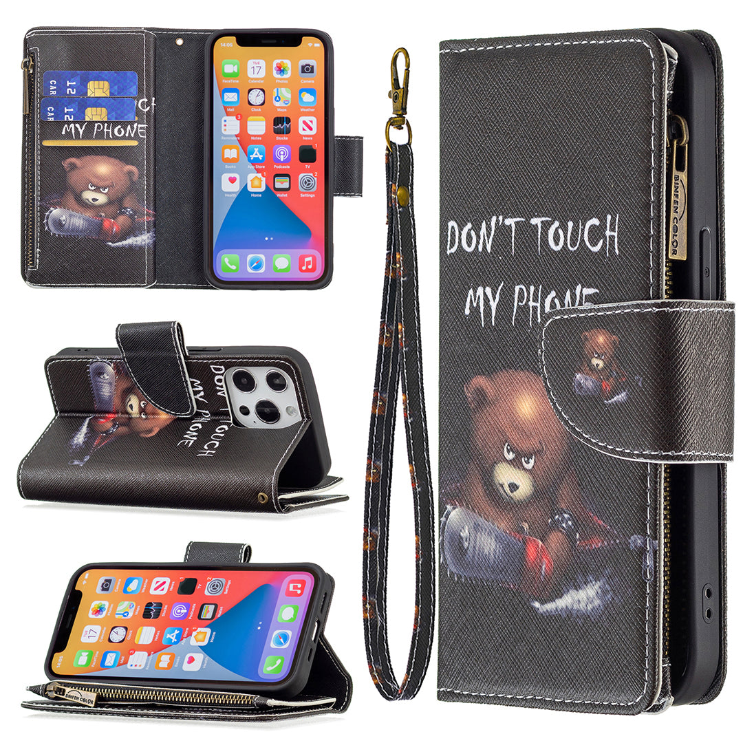 BF03 Pattern Printing Leather Stand Full Coverage Phone Cover with Wrist Strap and Zippered Wallet for iPhone 13 Pro 6.1 inch