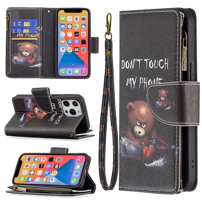 BF03 Pattern Printing Leather Stand Full Coverage Phone Cover with Wrist Strap and Zippered Wallet for iPhone 13 Pro 6.1 inch