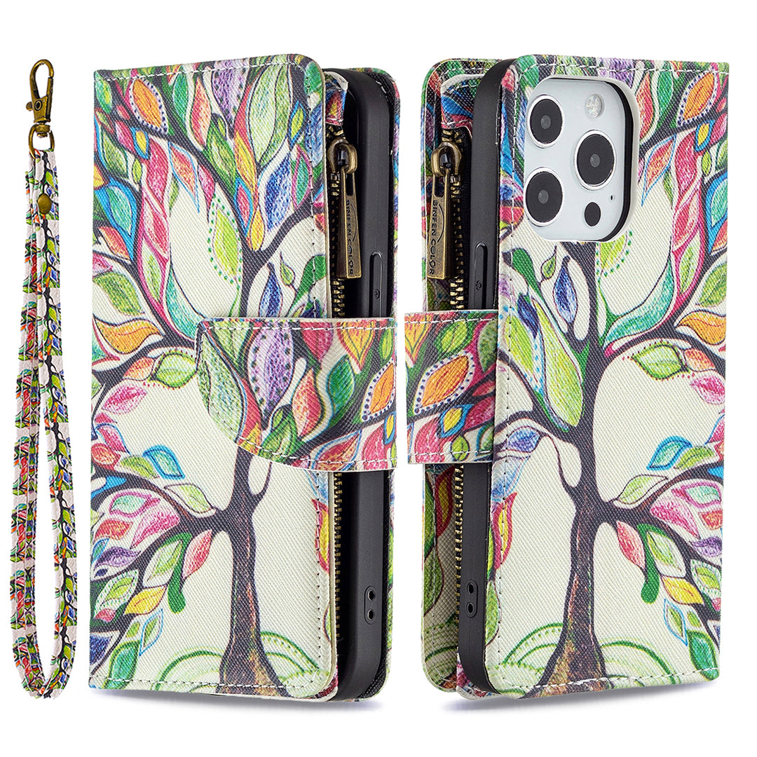 BF03 Pattern Printing Leather Stand Full Coverage Phone Cover with Wrist Strap and Zippered Wallet for iPhone 13 Pro 6.1 inch