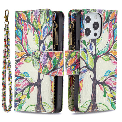 BF03 Pattern Printing Leather Stand Full Coverage Phone Cover with Wrist Strap and Zippered Wallet for iPhone 13 Pro 6.1 inch