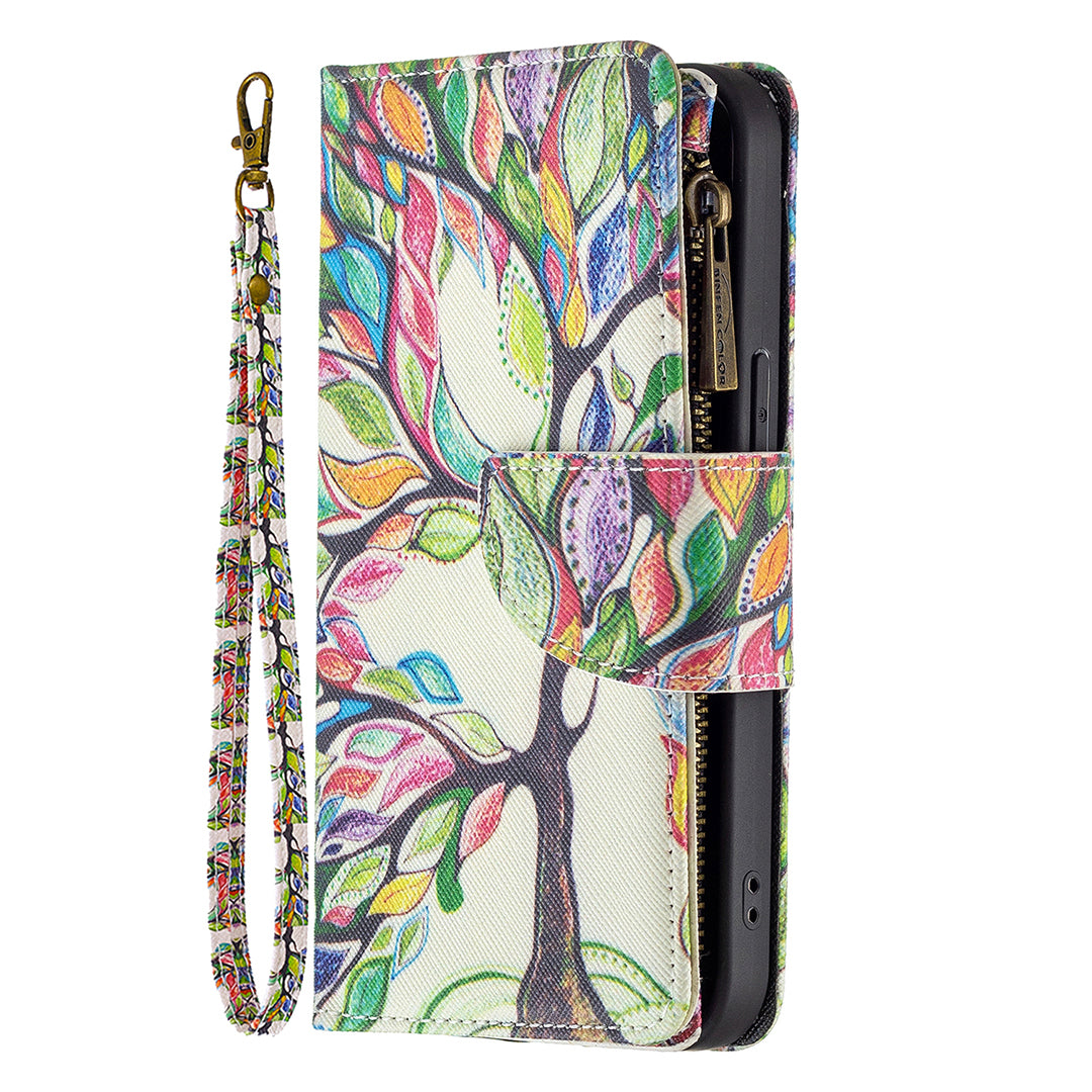 BF03 Pattern Printing Leather Stand Full Coverage Phone Cover with Wrist Strap and Zippered Wallet for iPhone 13 Pro 6.1 inch