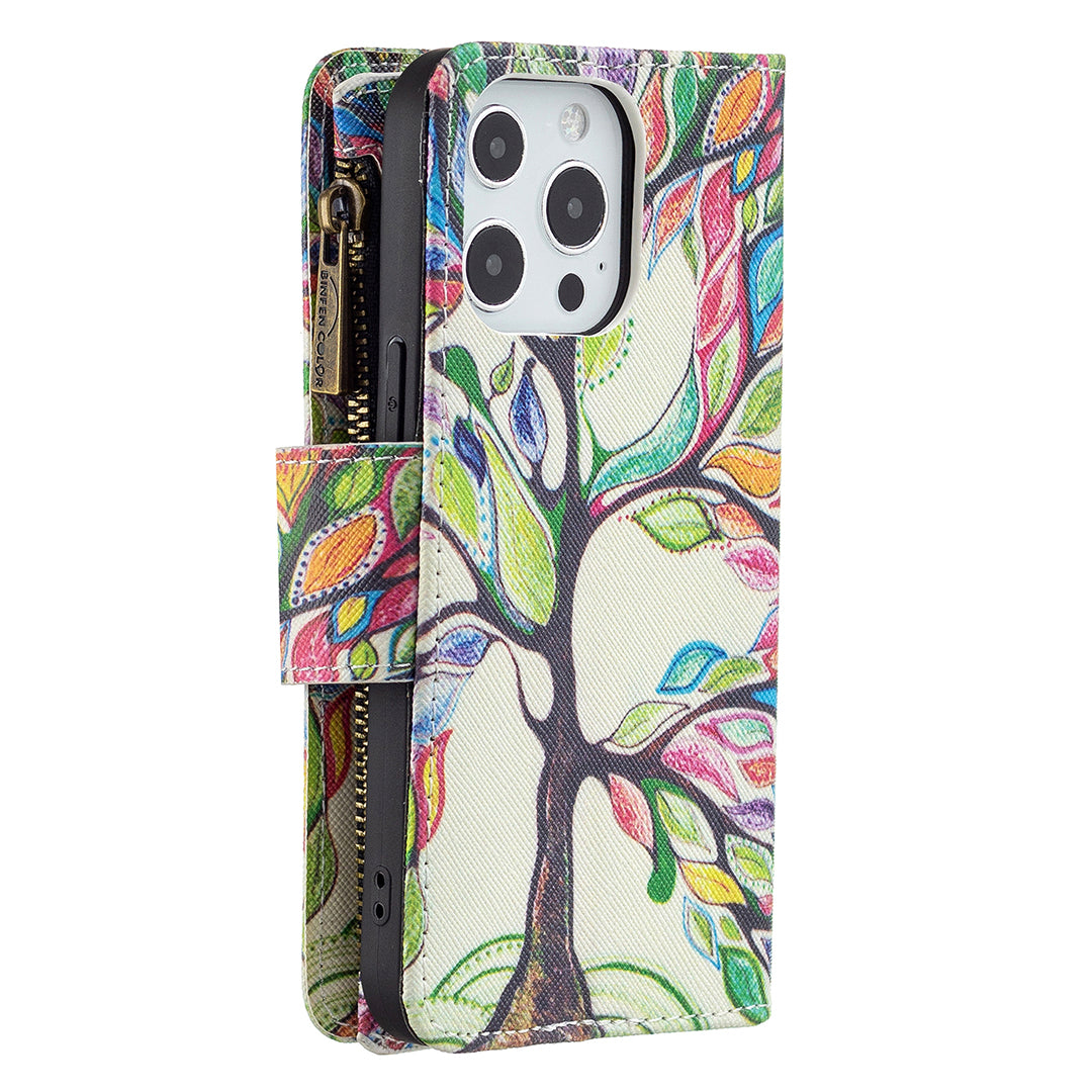 BF03 Pattern Printing Leather Stand Full Coverage Phone Cover with Wrist Strap and Zippered Wallet for iPhone 13 Pro 6.1 inch