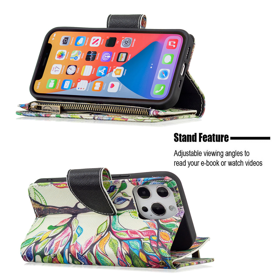 BF03 Pattern Printing Leather Stand Full Coverage Phone Cover with Wrist Strap and Zippered Wallet for iPhone 13 Pro 6.1 inch