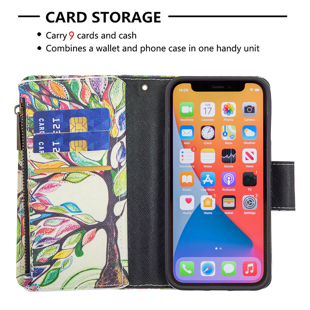 BF03 Pattern Printing Leather Stand Full Coverage Phone Cover with Wrist Strap and Zippered Wallet for iPhone 13 Pro 6.1 inch