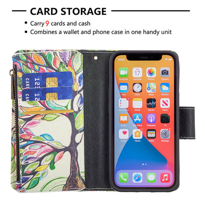 BF03 Pattern Printing Leather Stand Full Coverage Phone Cover with Wrist Strap and Zippered Wallet for iPhone 13 Pro 6.1 inch