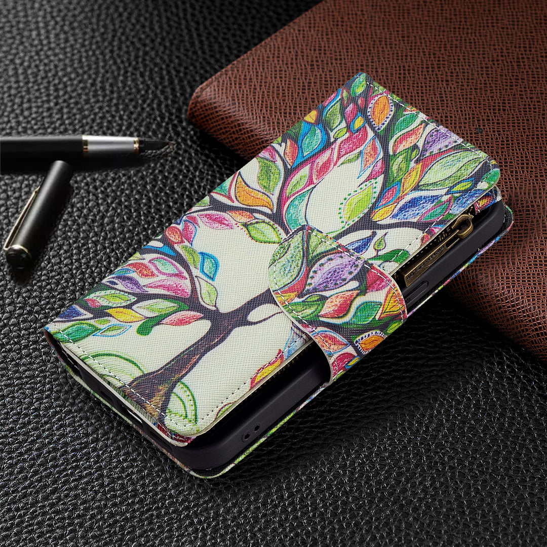 BF03 Pattern Printing Leather Stand Full Coverage Phone Cover with Wrist Strap and Zippered Wallet for iPhone 13 Pro 6.1 inch