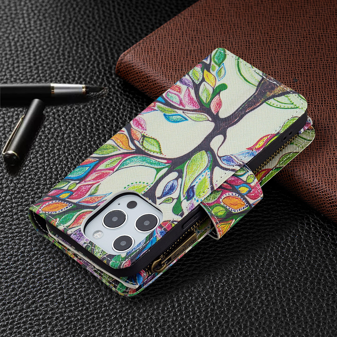 BF03 Pattern Printing Leather Stand Full Coverage Phone Cover with Wrist Strap and Zippered Wallet for iPhone 13 Pro 6.1 inch