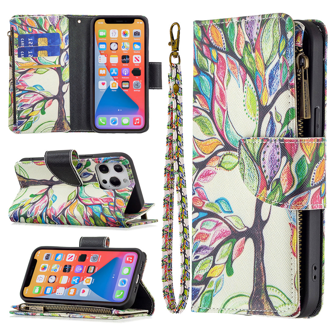 BF03 Pattern Printing Leather Stand Full Coverage Phone Cover with Wrist Strap and Zippered Wallet for iPhone 13 Pro 6.1 inch