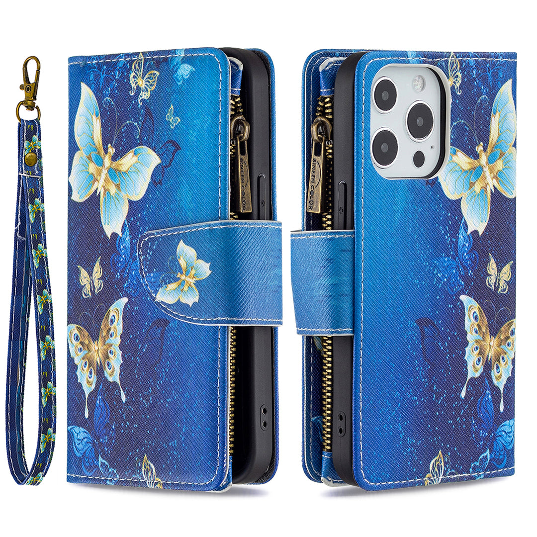 BF03 Pattern Printing Leather Stand Full Coverage Phone Cover with Wrist Strap and Zippered Wallet for iPhone 13 Pro 6.1 inch