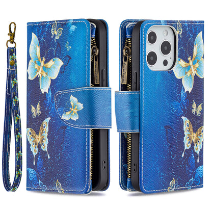BF03 Pattern Printing Leather Stand Full Coverage Phone Cover with Wrist Strap and Zippered Wallet for iPhone 13 Pro 6.1 inch