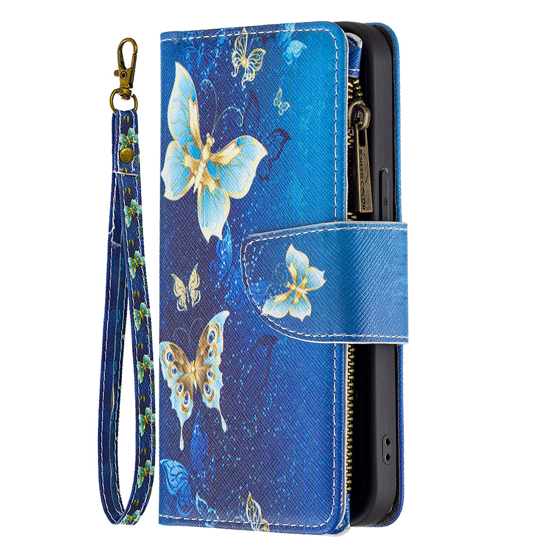 BF03 Pattern Printing Leather Stand Full Coverage Phone Cover with Wrist Strap and Zippered Wallet for iPhone 13 Pro 6.1 inch
