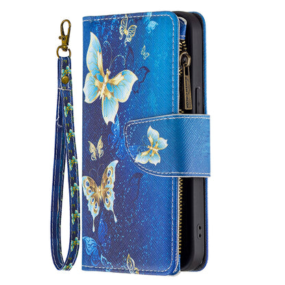 BF03 Pattern Printing Leather Stand Full Coverage Phone Cover with Wrist Strap and Zippered Wallet for iPhone 13 Pro 6.1 inch