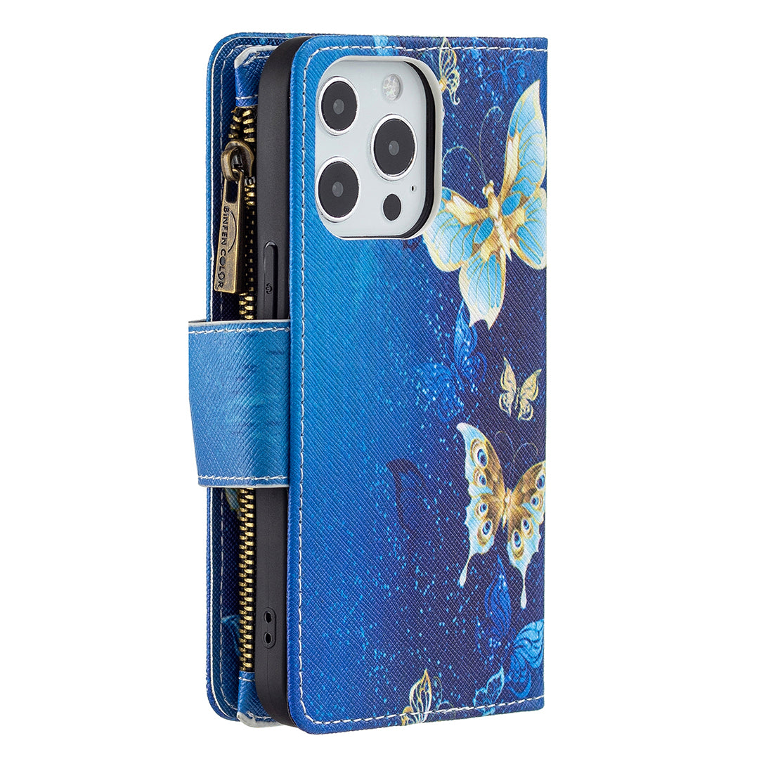 BF03 Pattern Printing Leather Stand Full Coverage Phone Cover with Wrist Strap and Zippered Wallet for iPhone 13 Pro 6.1 inch