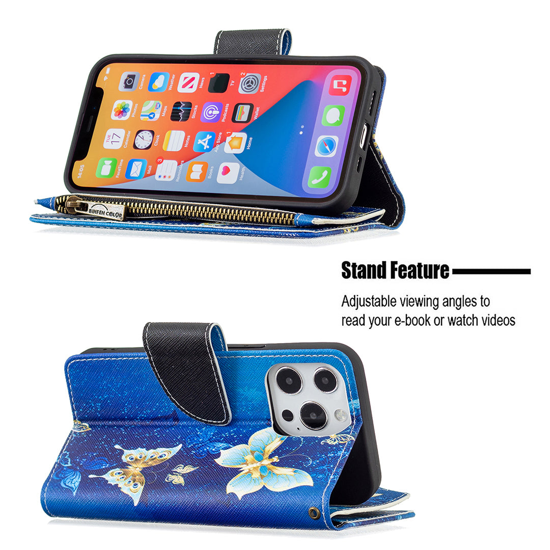 BF03 Pattern Printing Leather Stand Full Coverage Phone Cover with Wrist Strap and Zippered Wallet for iPhone 13 Pro 6.1 inch