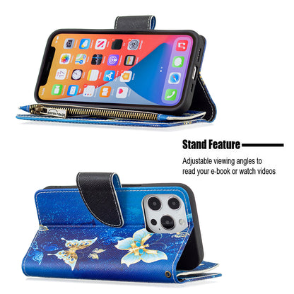 BF03 Pattern Printing Leather Stand Full Coverage Phone Cover with Wrist Strap and Zippered Wallet for iPhone 13 Pro 6.1 inch