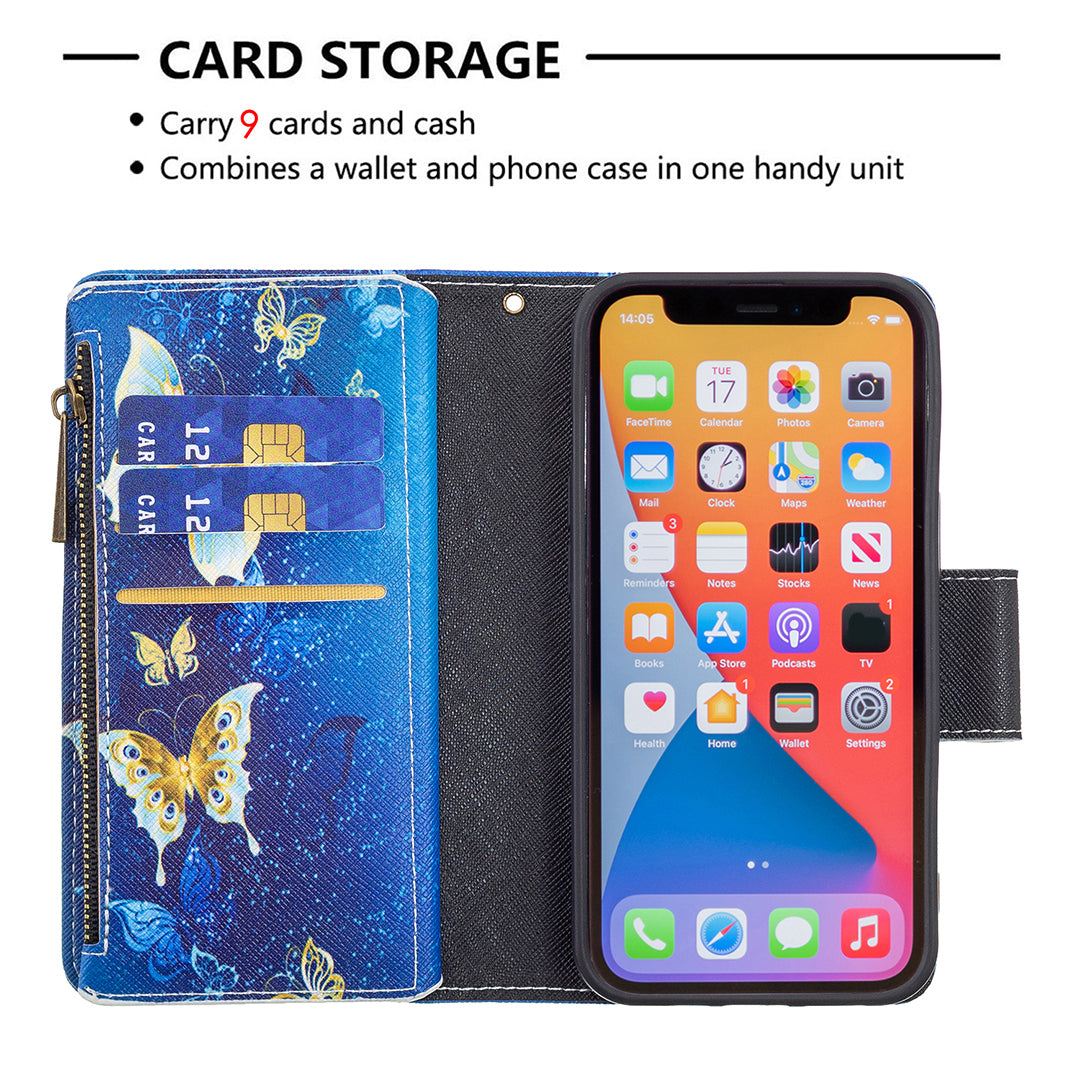 BF03 Pattern Printing Leather Stand Full Coverage Phone Cover with Wrist Strap and Zippered Wallet for iPhone 13 Pro 6.1 inch