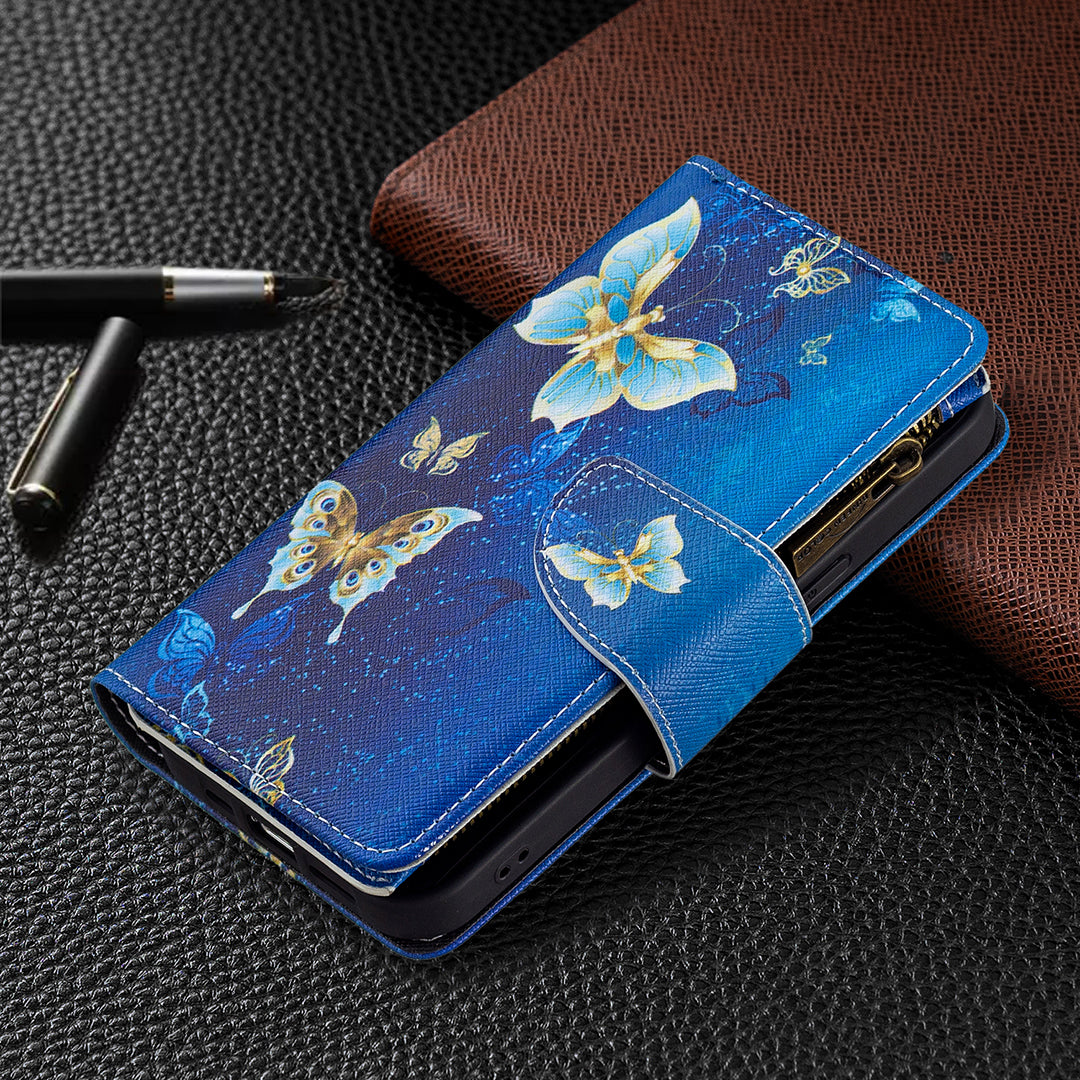 BF03 Pattern Printing Leather Stand Full Coverage Phone Cover with Wrist Strap and Zippered Wallet for iPhone 13 Pro 6.1 inch
