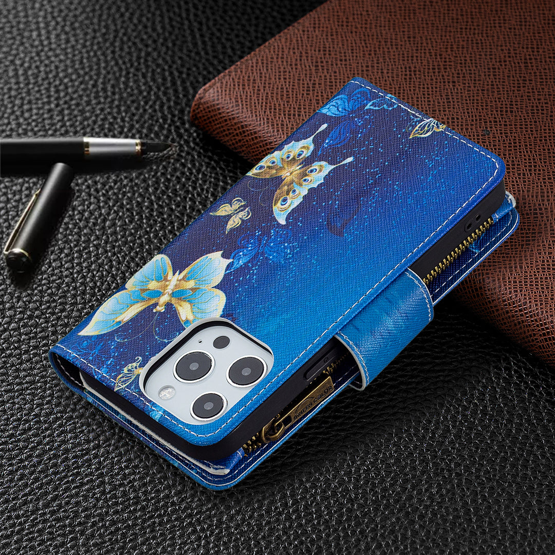 BF03 Pattern Printing Leather Stand Full Coverage Phone Cover with Wrist Strap and Zippered Wallet for iPhone 13 Pro 6.1 inch
