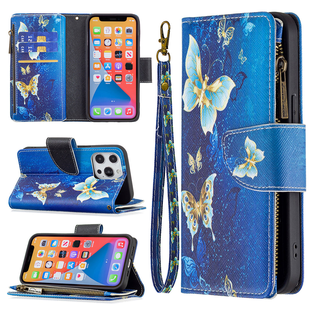 BF03 Pattern Printing Leather Stand Full Coverage Phone Cover with Wrist Strap and Zippered Wallet for iPhone 13 Pro 6.1 inch
