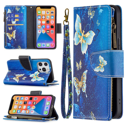 BF03 Pattern Printing Leather Stand Full Coverage Phone Cover with Wrist Strap and Zippered Wallet for iPhone 13 Pro 6.1 inch