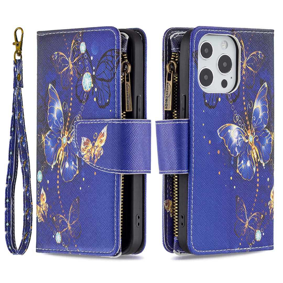 BF03 Pattern Printing Leather Stand Full Coverage Phone Cover with Wrist Strap and Zippered Wallet for iPhone 13 Pro 6.1 inch