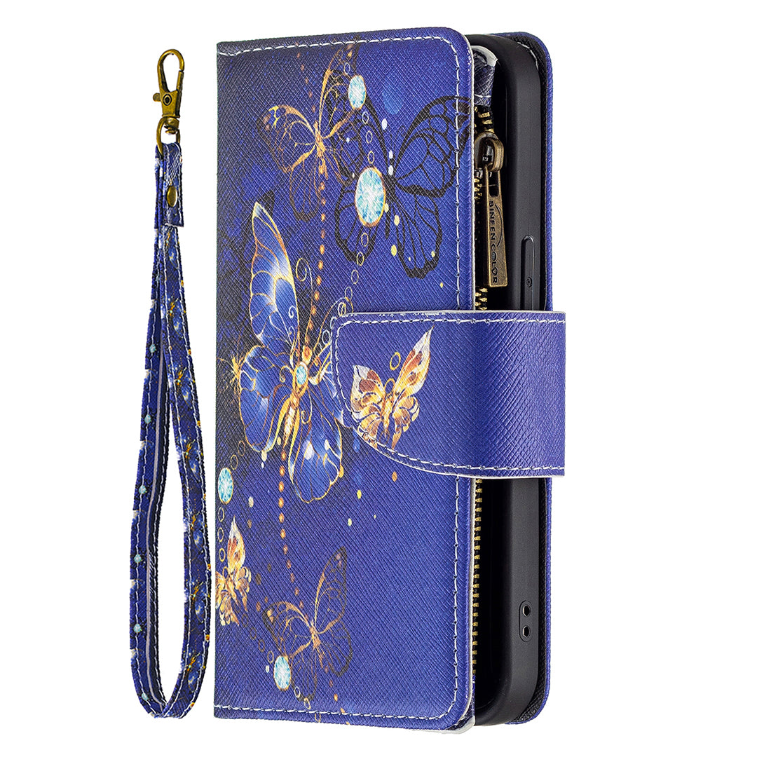 BF03 Pattern Printing Leather Stand Full Coverage Phone Cover with Wrist Strap and Zippered Wallet for iPhone 13 Pro 6.1 inch