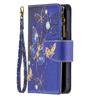 BF03 Pattern Printing Leather Stand Full Coverage Phone Cover with Wrist Strap and Zippered Wallet for iPhone 13 Pro 6.1 inch