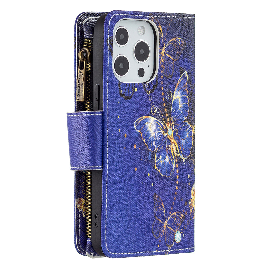 BF03 Pattern Printing Leather Stand Full Coverage Phone Cover with Wrist Strap and Zippered Wallet for iPhone 13 Pro 6.1 inch