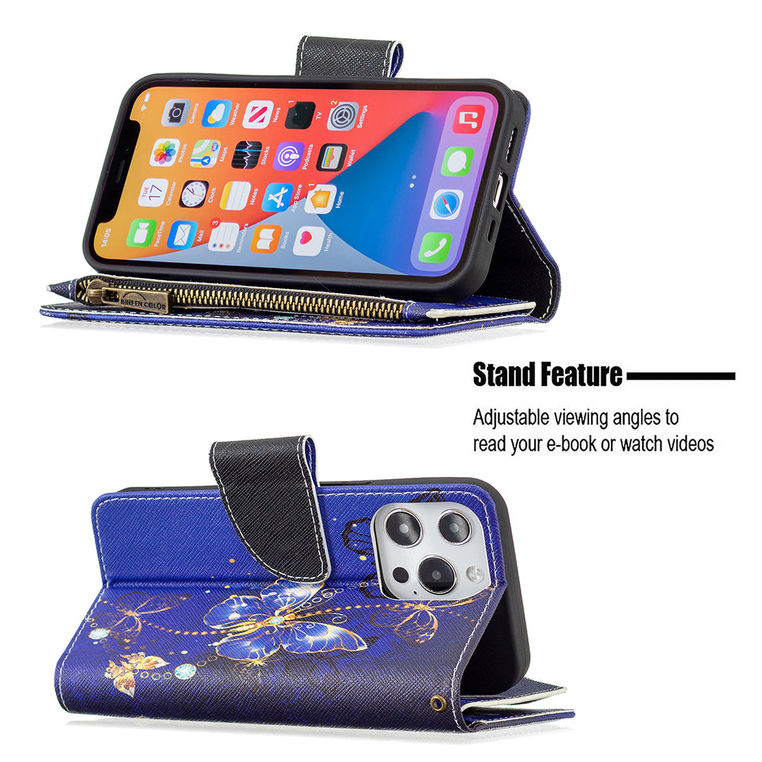 BF03 Pattern Printing Leather Stand Full Coverage Phone Cover with Wrist Strap and Zippered Wallet for iPhone 13 Pro 6.1 inch