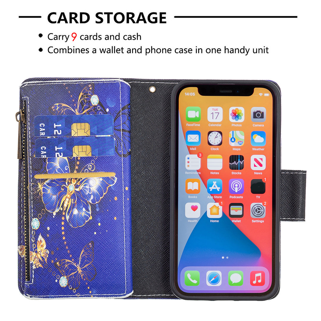 BF03 Pattern Printing Leather Stand Full Coverage Phone Cover with Wrist Strap and Zippered Wallet for iPhone 13 Pro 6.1 inch