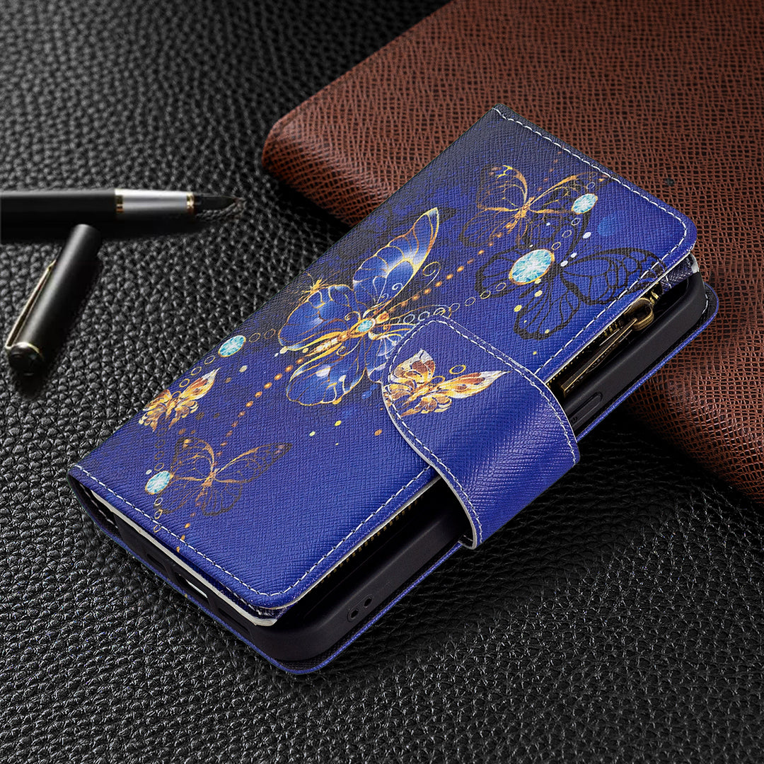 BF03 Pattern Printing Leather Stand Full Coverage Phone Cover with Wrist Strap and Zippered Wallet for iPhone 13 Pro 6.1 inch