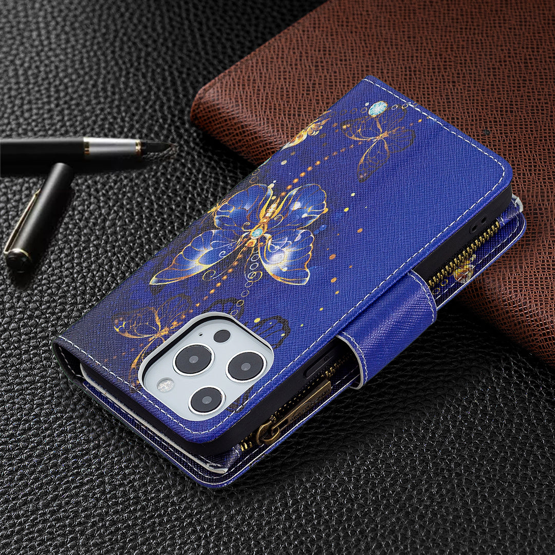 BF03 Pattern Printing Leather Stand Full Coverage Phone Cover with Wrist Strap and Zippered Wallet for iPhone 13 Pro 6.1 inch
