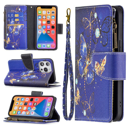 BF03 Pattern Printing Leather Stand Full Coverage Phone Cover with Wrist Strap and Zippered Wallet for iPhone 13 Pro 6.1 inch